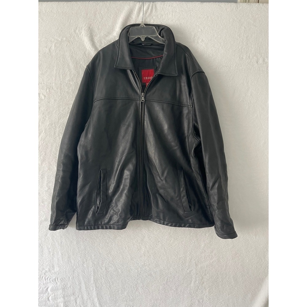 IZOD Mens Black 100% Genuine Lamb Leather Full Zip Bomber Jacket Coat Sz XL